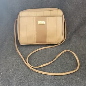 Liz Claiborne Crossbody‎ Purse Cream and Tan Light Stripes Vegan Faux Leather